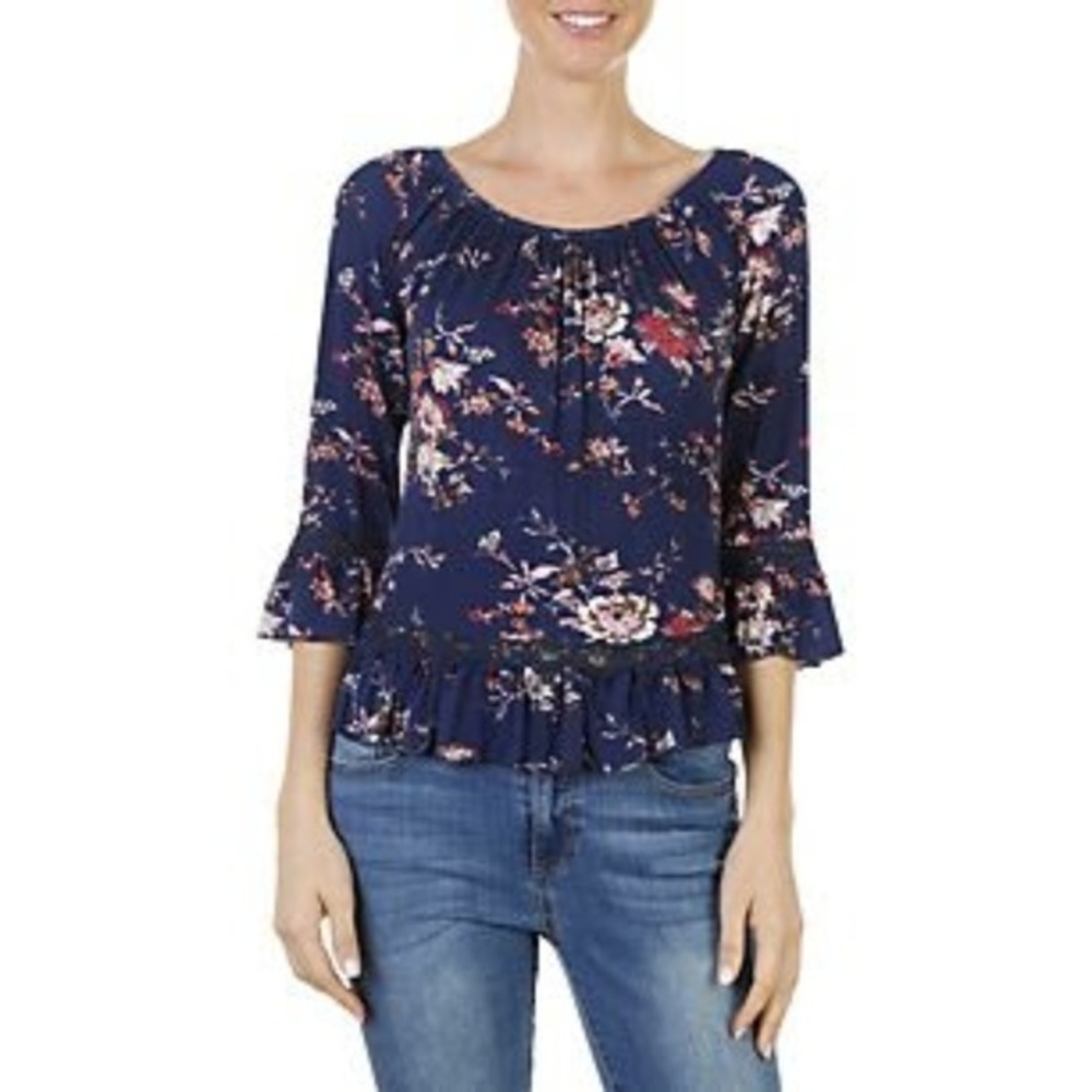 Paper + Tee Floral Blue Ruffled Asymmetrical Top